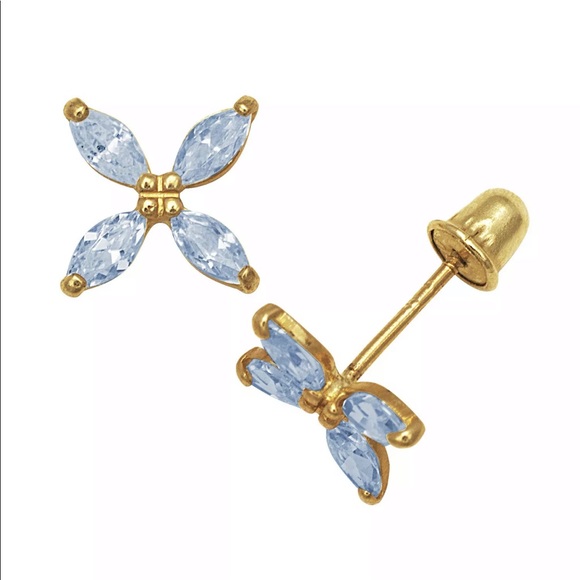 14k Solid Gold Blue Sapphire Fliwer Stud Earrings - Picture 7 of 8